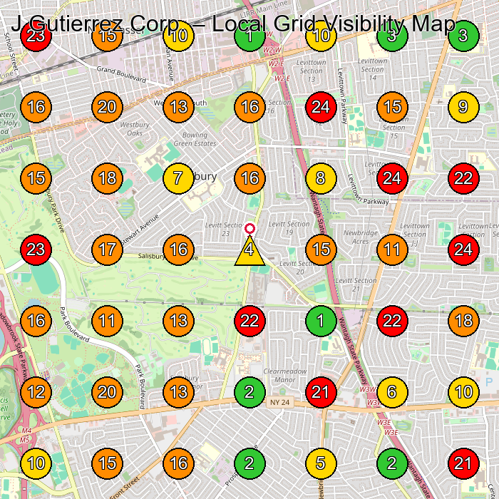 J Gutierrez Corp. General Contractor GeoGrid ranking map for Westbury NY